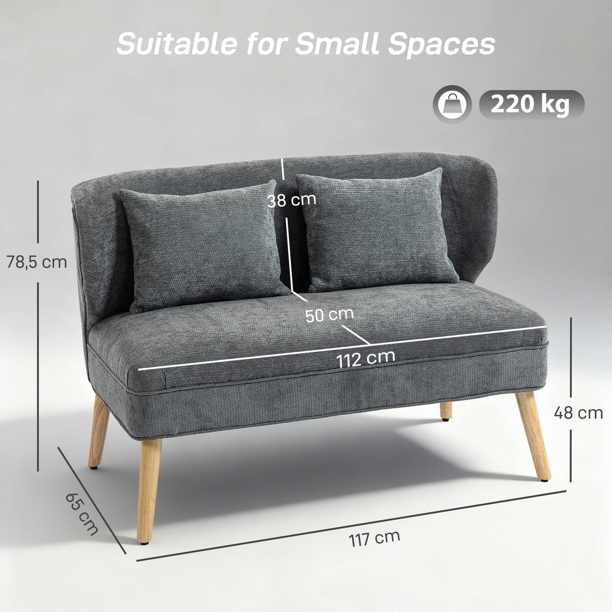 HOMCOM 2-Seater Chenille Sofa with Wide Seat, Thick Padding, 2 Cushions, Rubber Wood Legs, Grey