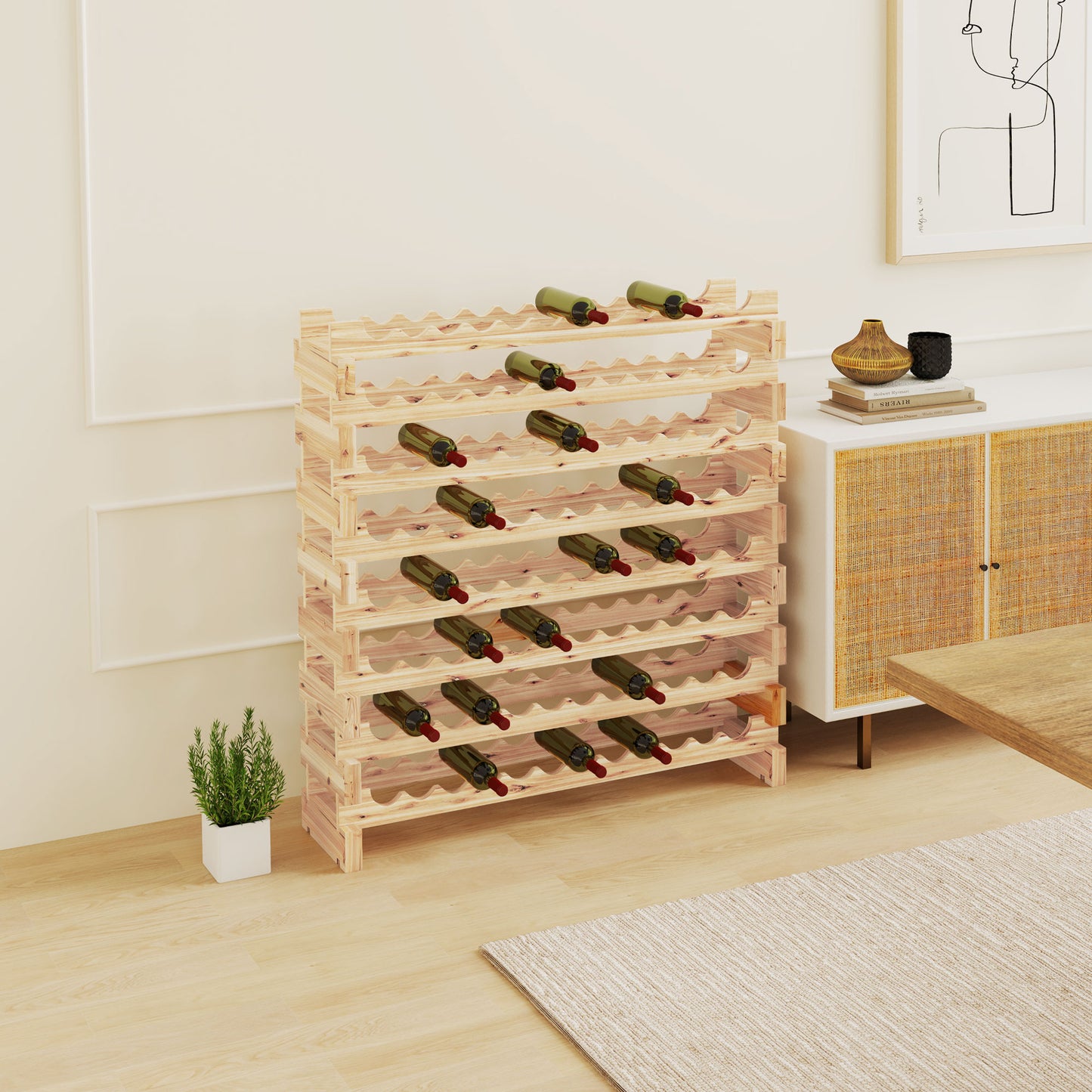 Pine Wood Wine Rack, Wine Cellar with 8 Shelves for 96 Bottles, 114x28x113.5 cm, Wood Color