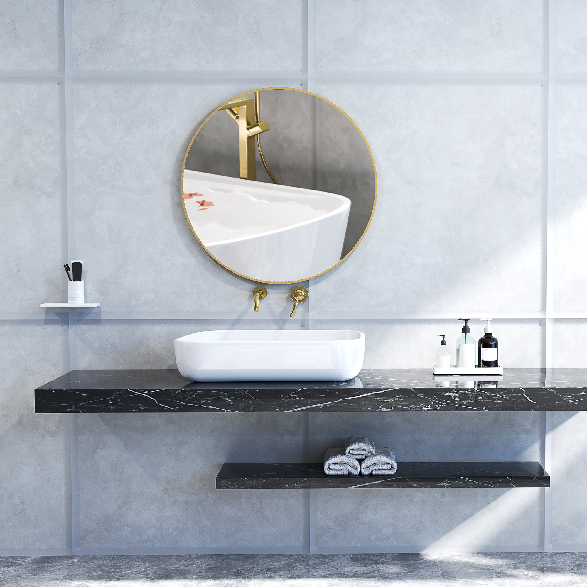 Round Bathroom Mirror with Shockproof Surface, Glass and Steel, Ø70x2.5 cm, Gold Color