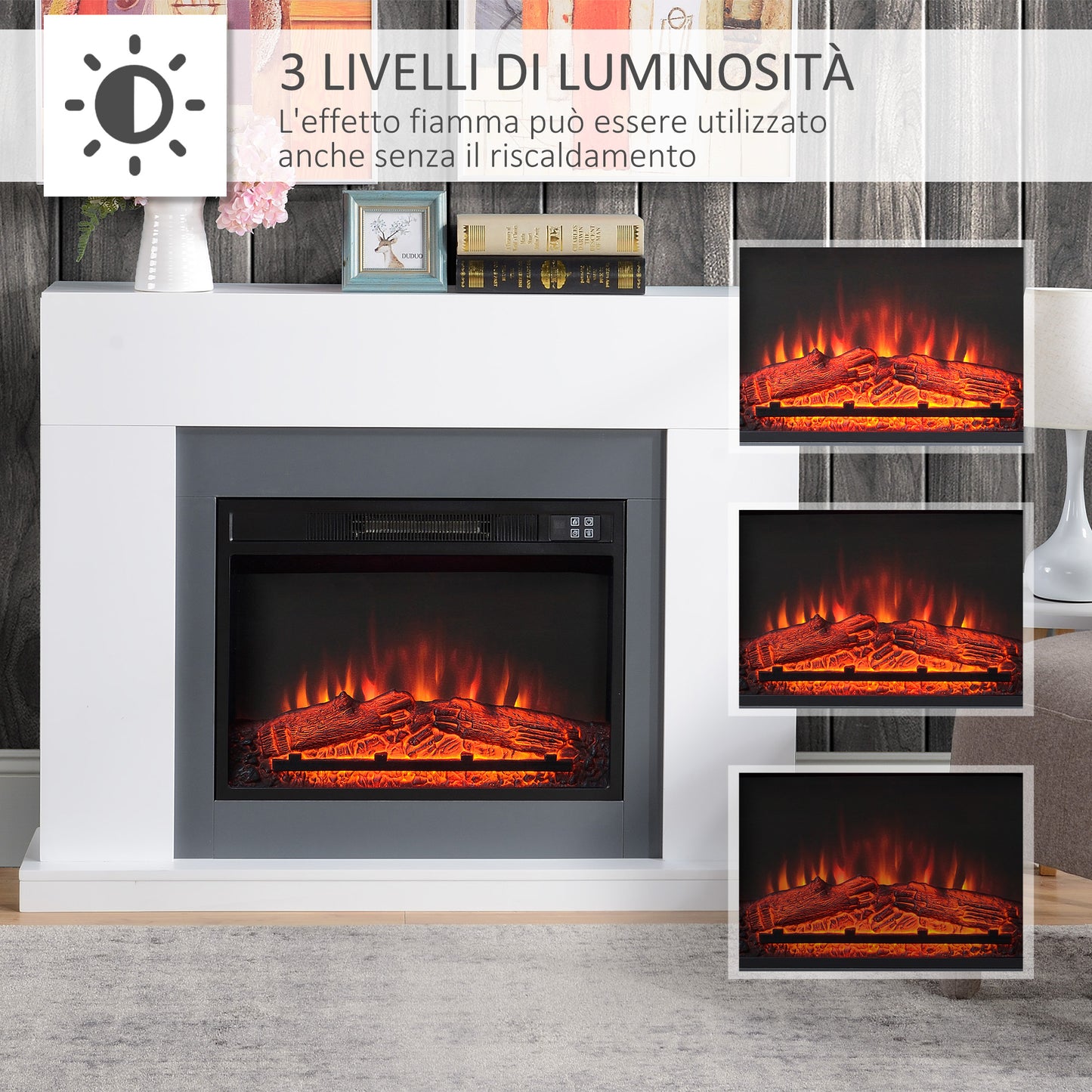 Electric Fireplace Wall Mounted with LED Flame Effect and Timer, 37m² Coverage, 2000W - White