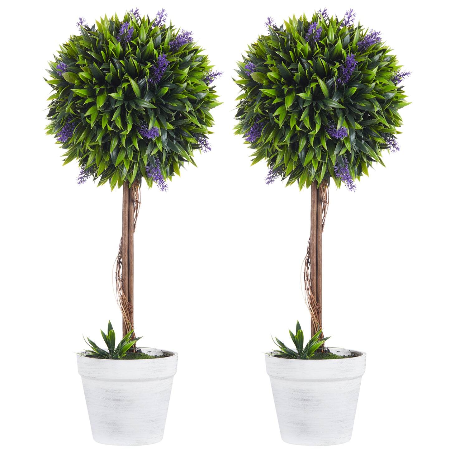 Set of 2 Artificial Green Sphere Plants with Lavender Flowers and Vase with Moss and Cement, Ø24x60 cm