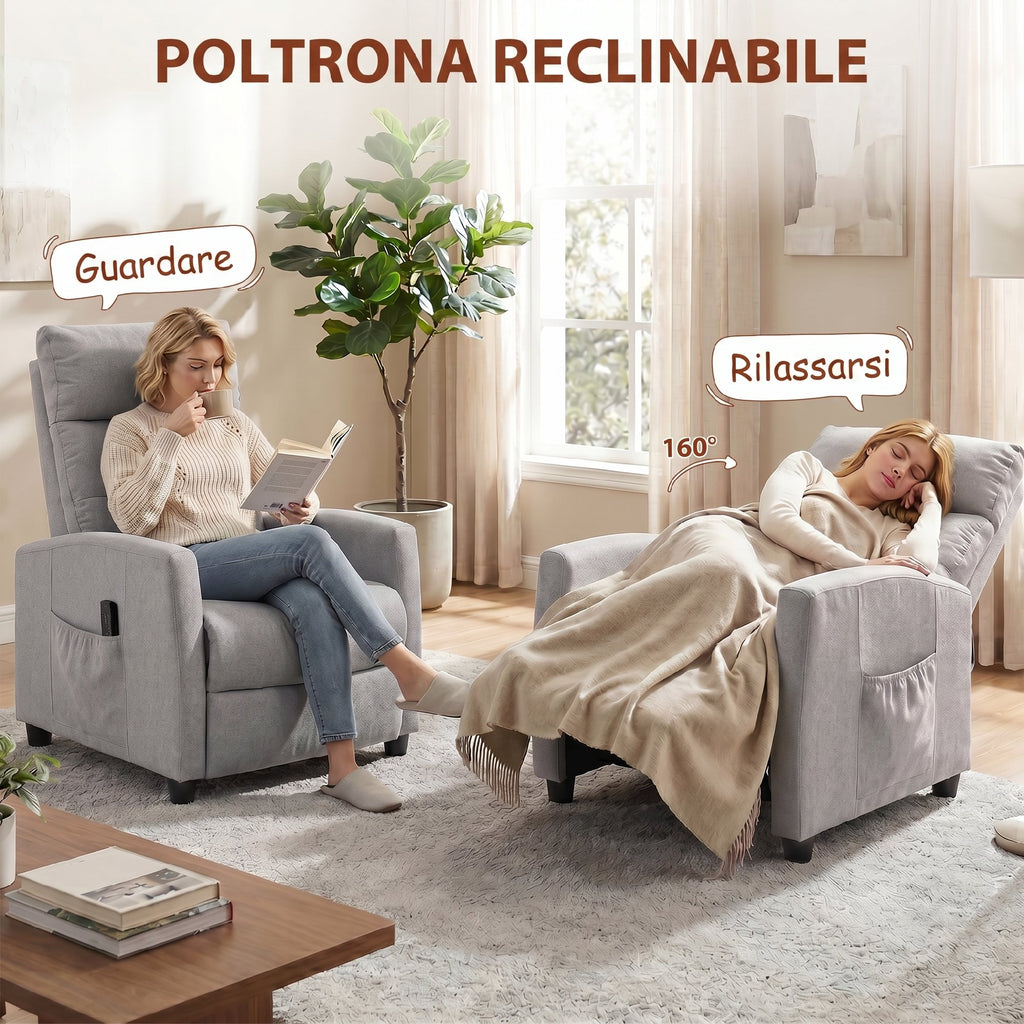 HOMCOM 160° Reclining Massage Chair with Footrest and Remote Control, 66x91x108 cm, Light Grey Chenille