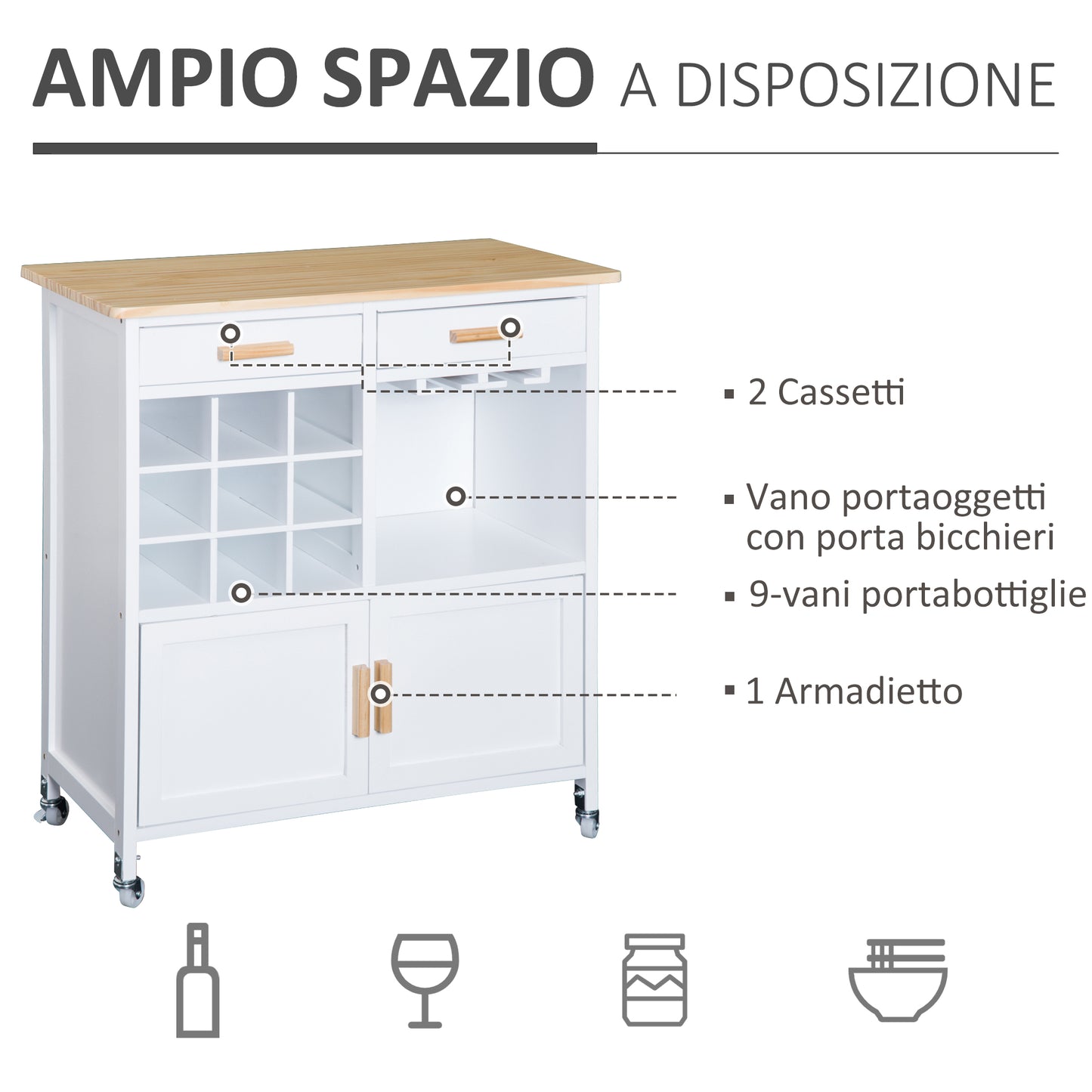 Kitchen Cabinet with Wheels, Bamboo Bottle Rack and Glass Holder, 76 x 40 x 88cm