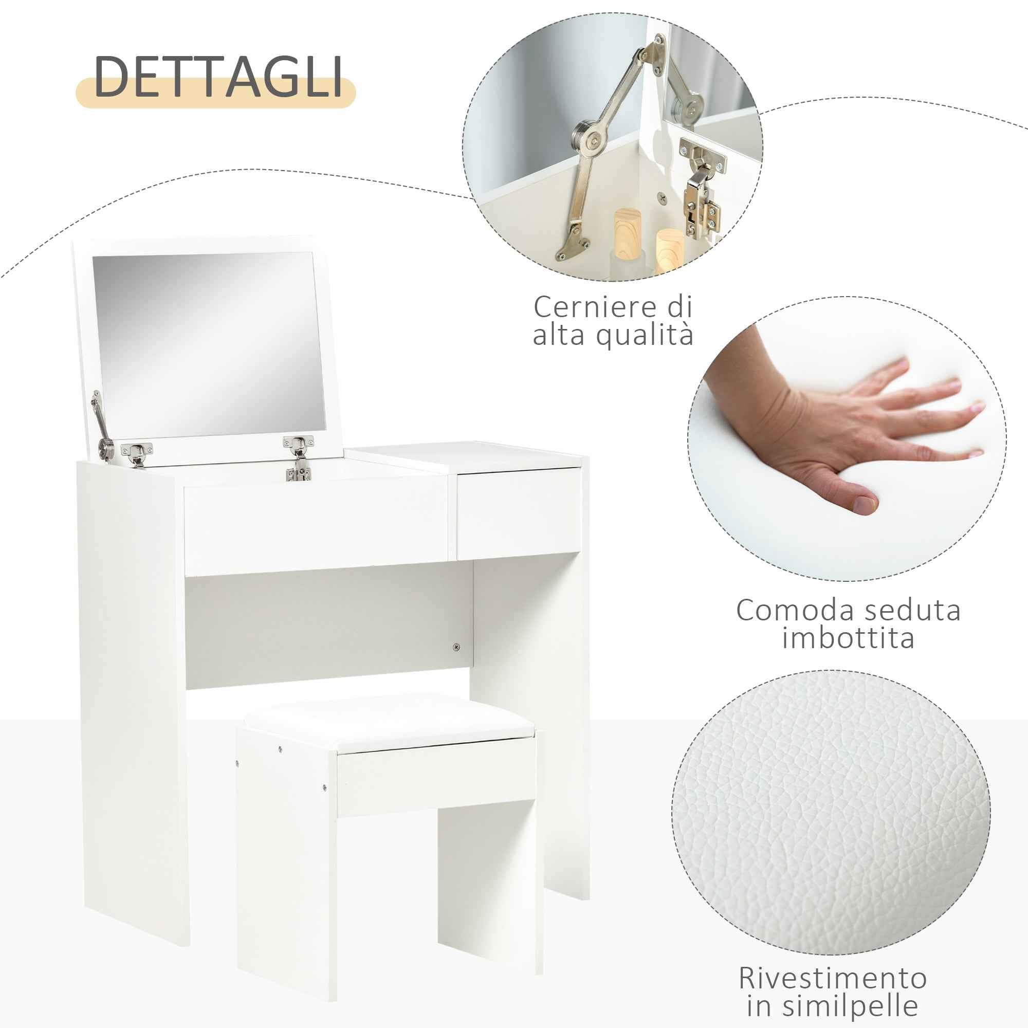 HOMCOM Vanity Table with Folding Mirror, Modern Makeup Table with Stool, 4-Compartment Storage Compartment, White MDF, 80x40x79 cm