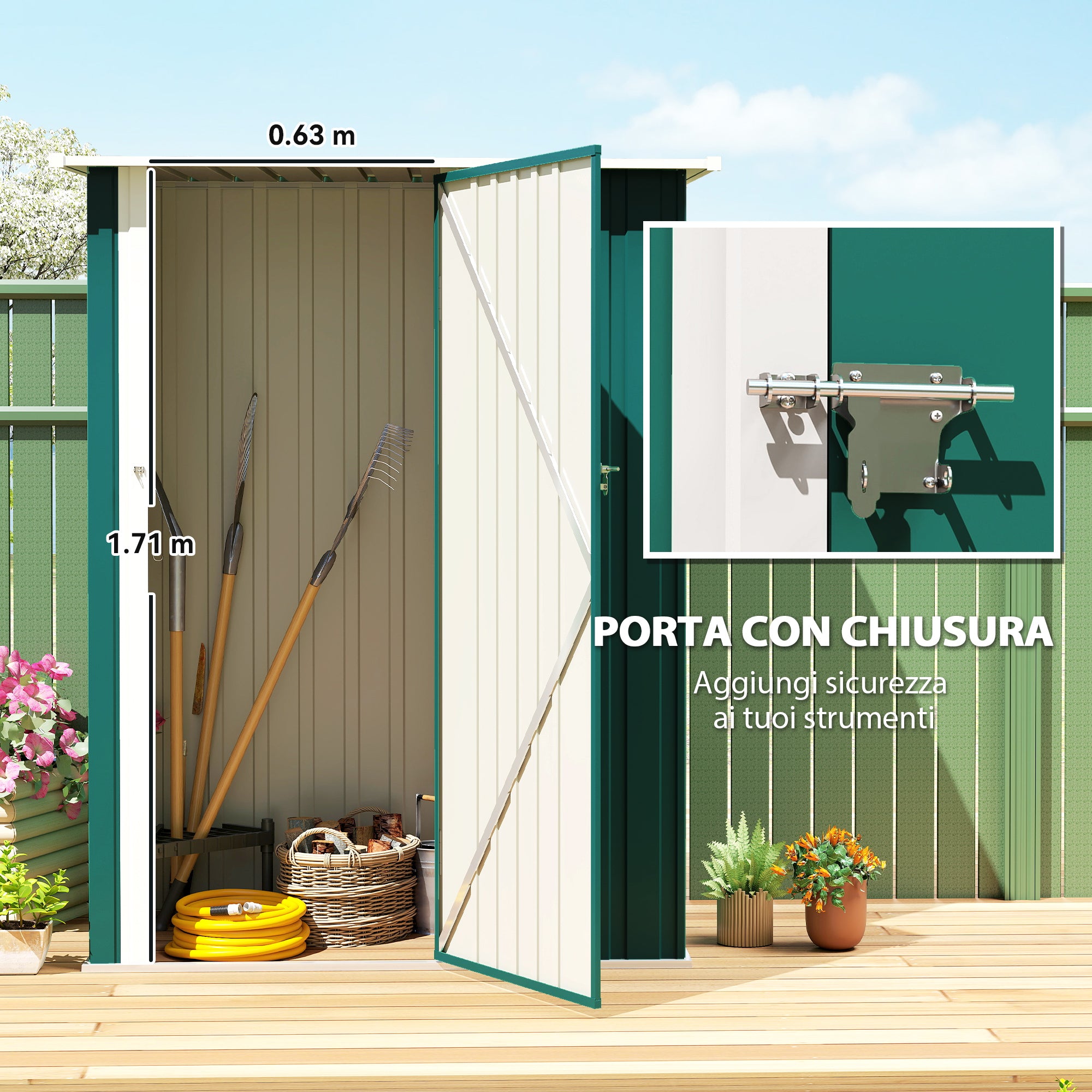 Outsunny Metal Tool Shed with Sloped Roof and Lockable Door, 142x86x189 cm, Green