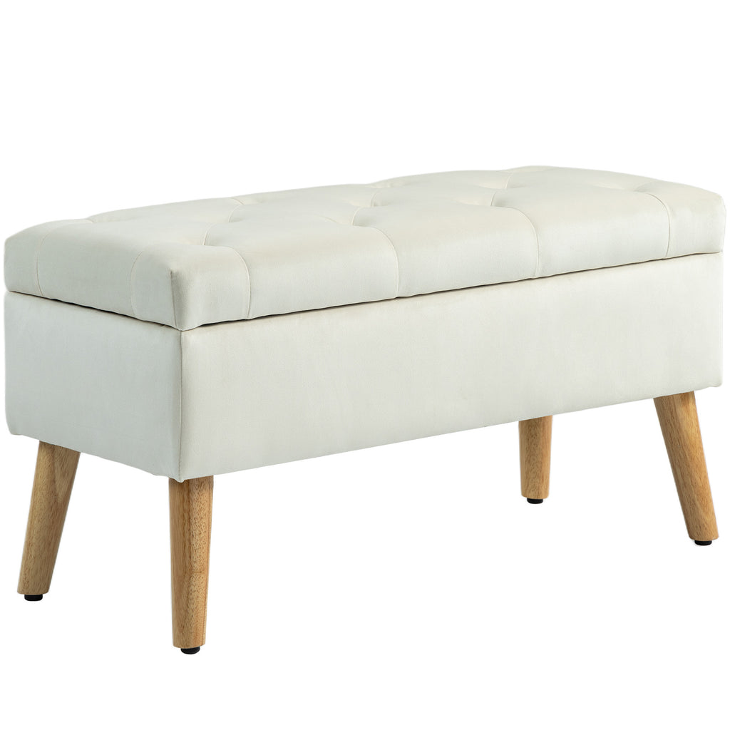 HOMCOM Storage Chest Pouf Footstool 80x35x42 cm in Velvet, Rubber Wood Legs, Cream