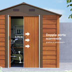 Wood Effect Steel Garden Shed with Double Sliding Doors, 236x196x208 cm, Brown