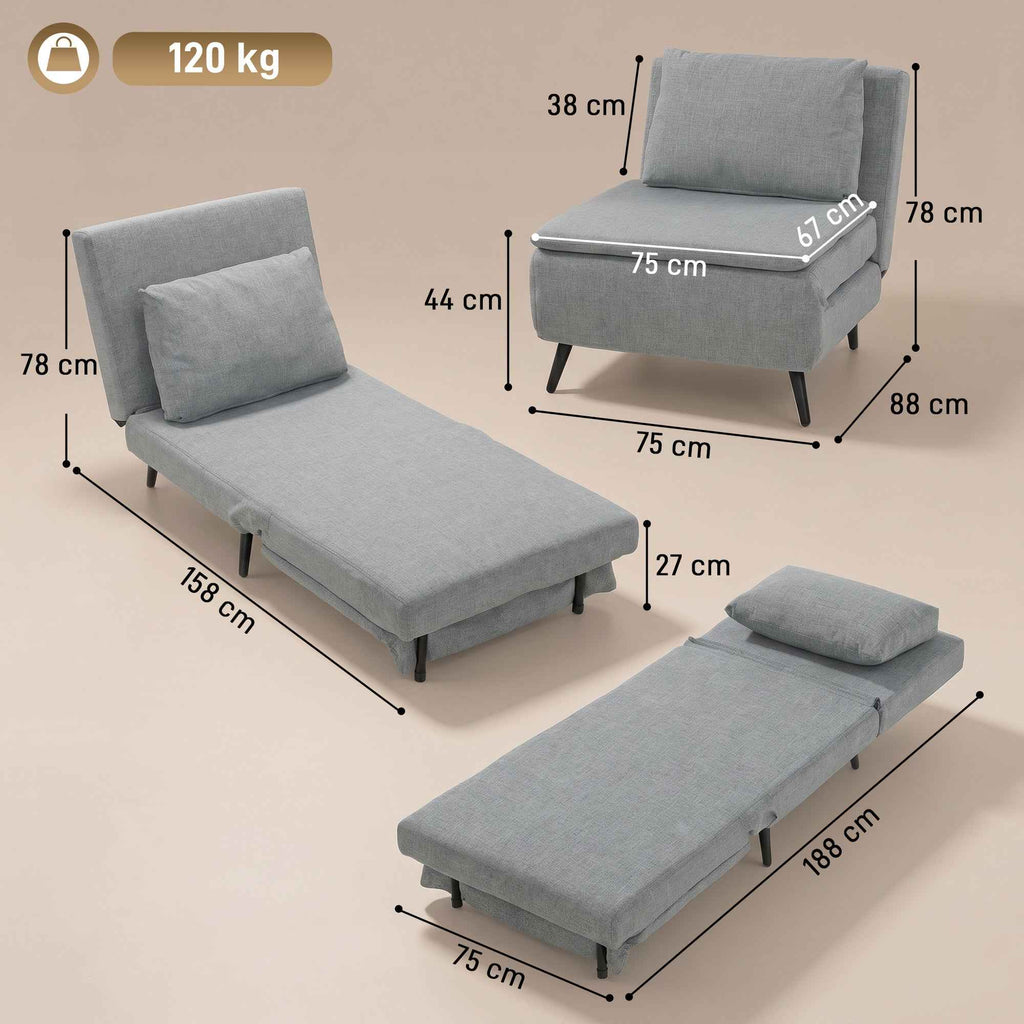 HOMCOM 3-in-1 Sofa Bed with Adjustable Backrest and Cushion, in Light Grey Linen-Effect Fabric
