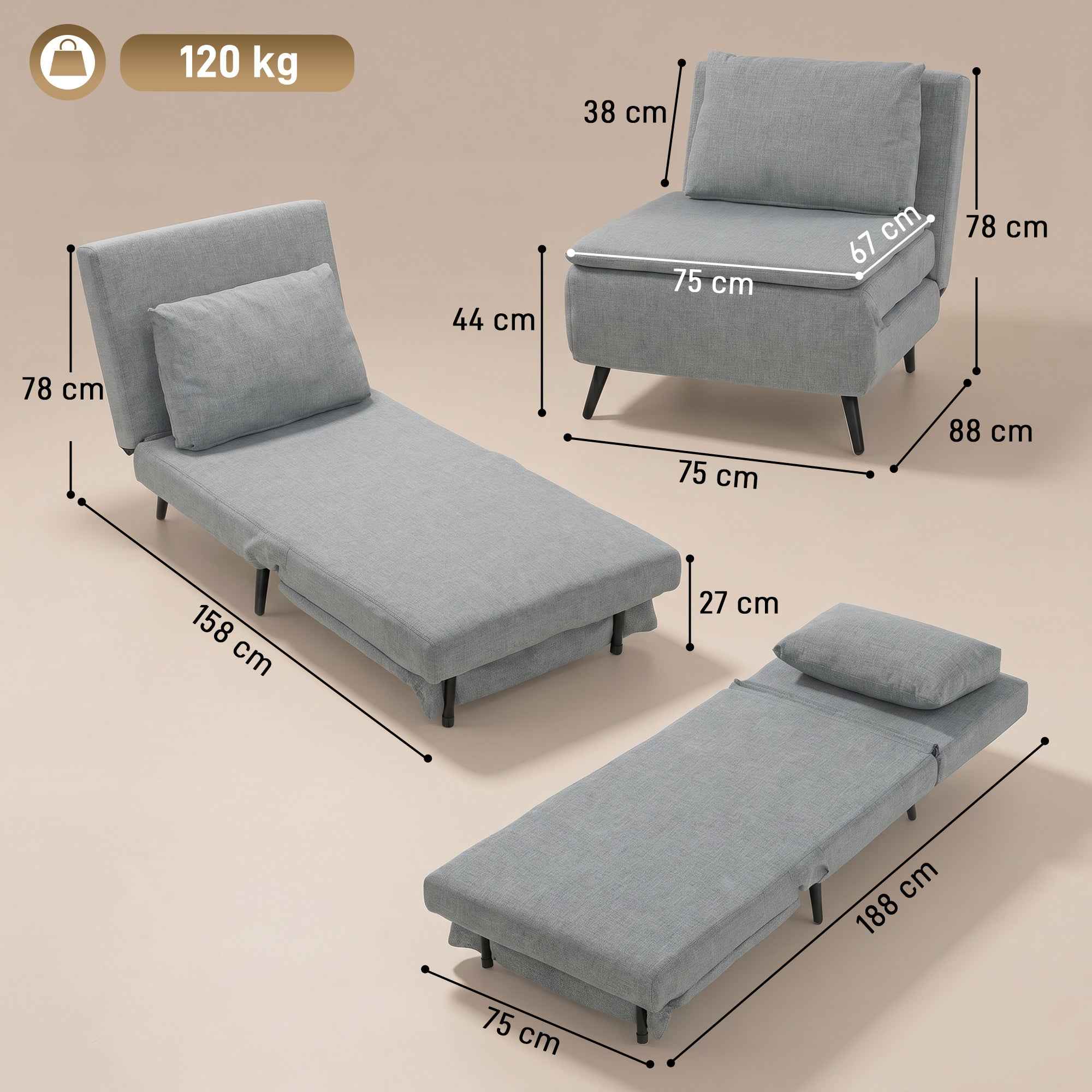 HOMCOM 3-in-1 Sofa Bed with Adjustable Backrest and Cushion, in Light Grey Linen-Effect Fabric