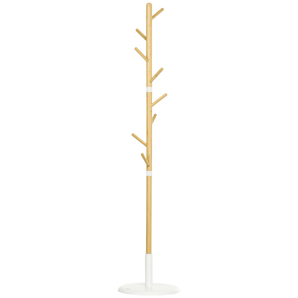 8 Hook Coat Tree with Round Base in Bamboo, Wood and Metal, Ø37.8x175.6 cm, Wood and White