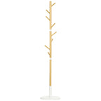 8 Hook Coat Tree with Round Base in Bamboo, Wood and Metal, Ø37.8x175.6 cm, Wood and White