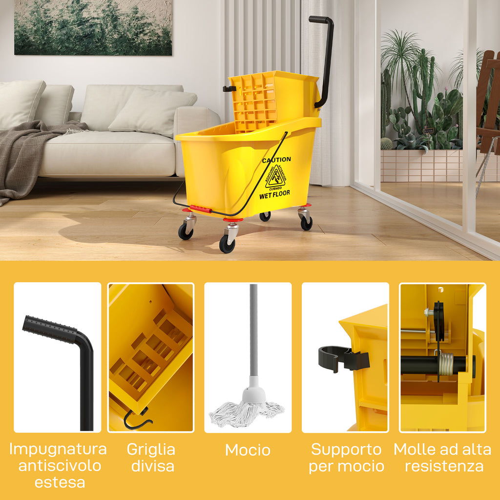 Professional 36L Mop Bucket with Mop, Wringer, Wheels and Handle, 55x37x65 cm, Yellow