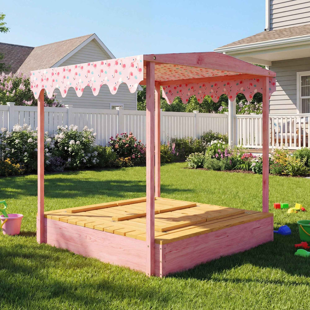 andpit for Children 3-6 Years with Flamingo Canopy, Folding Seats, Lid and Cover Included, Children's Sandpit in Fir Wood, 134.5x127.5x130 cm, Pink