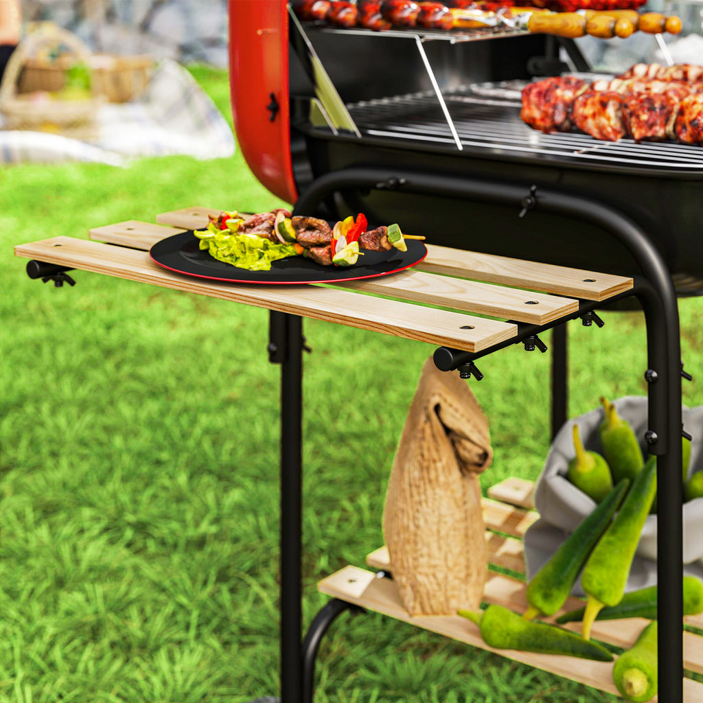 3-Tier Charcoal Barbecue with Wheels, Adjustable Air Vent Lid, Red