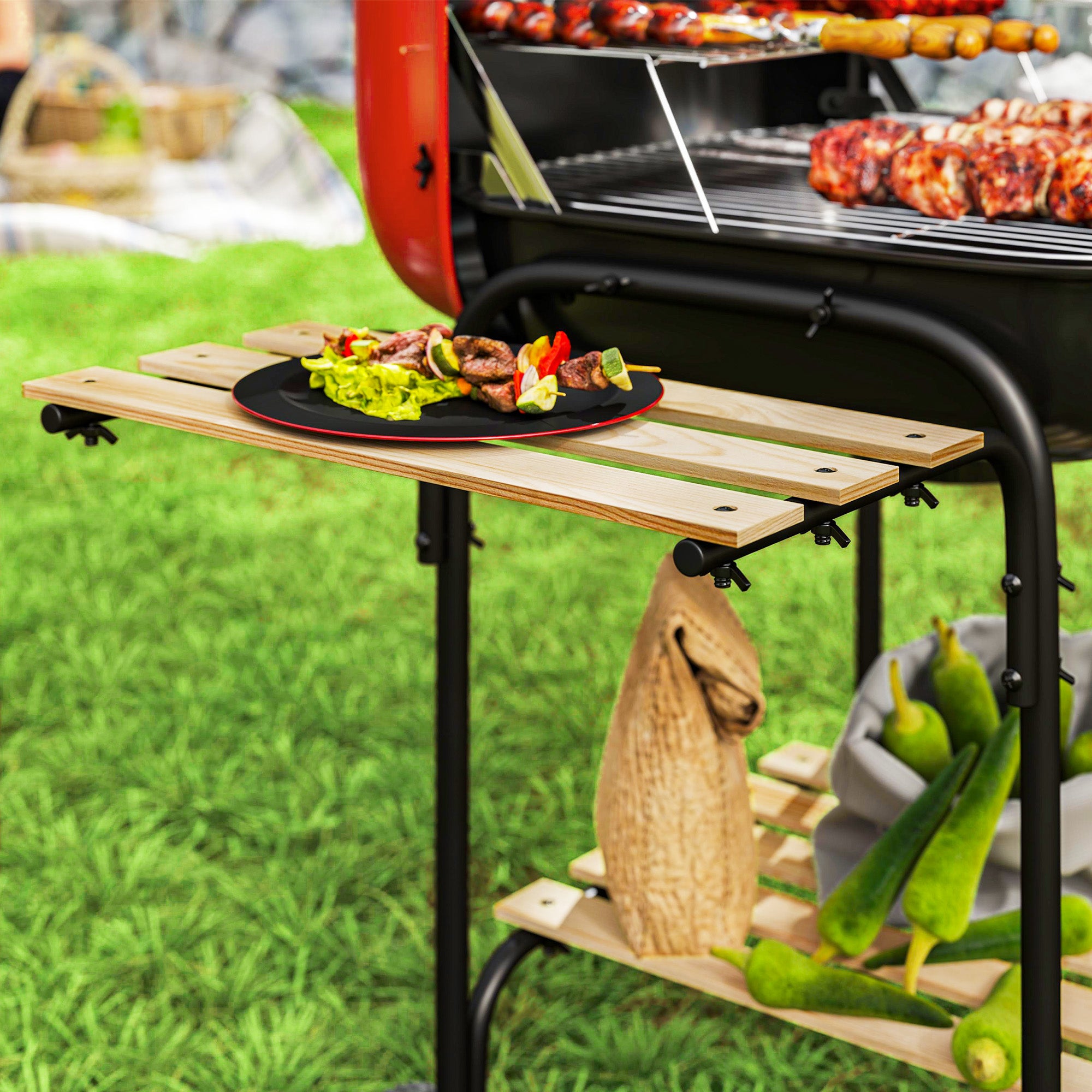 3-Tier Charcoal Barbecue with Wheels, Adjustable Air Vent Lid, Red