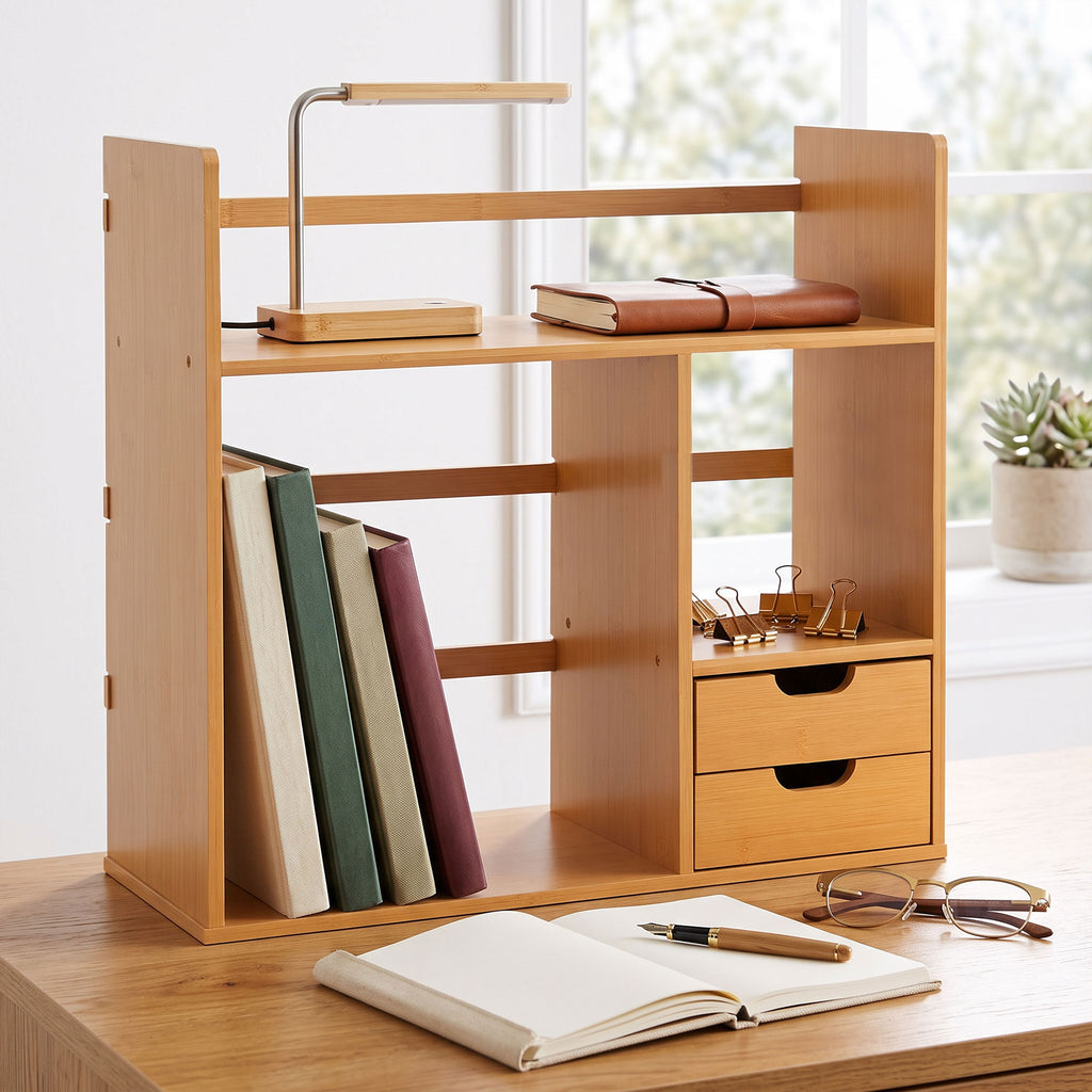 HOMCOM Bamboo Desk Organizer with 2 Drawers, Multifunctional Stationery and Document Holder with Shelves, Reversible Use