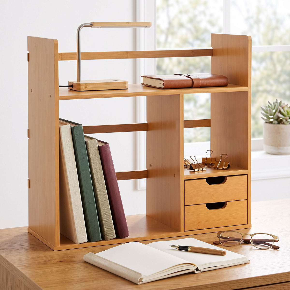HOMCOM Bamboo Desk Organizer with 2 Drawers, Multifunctional Stationery and Document Holder with Shelves, Reversible Use