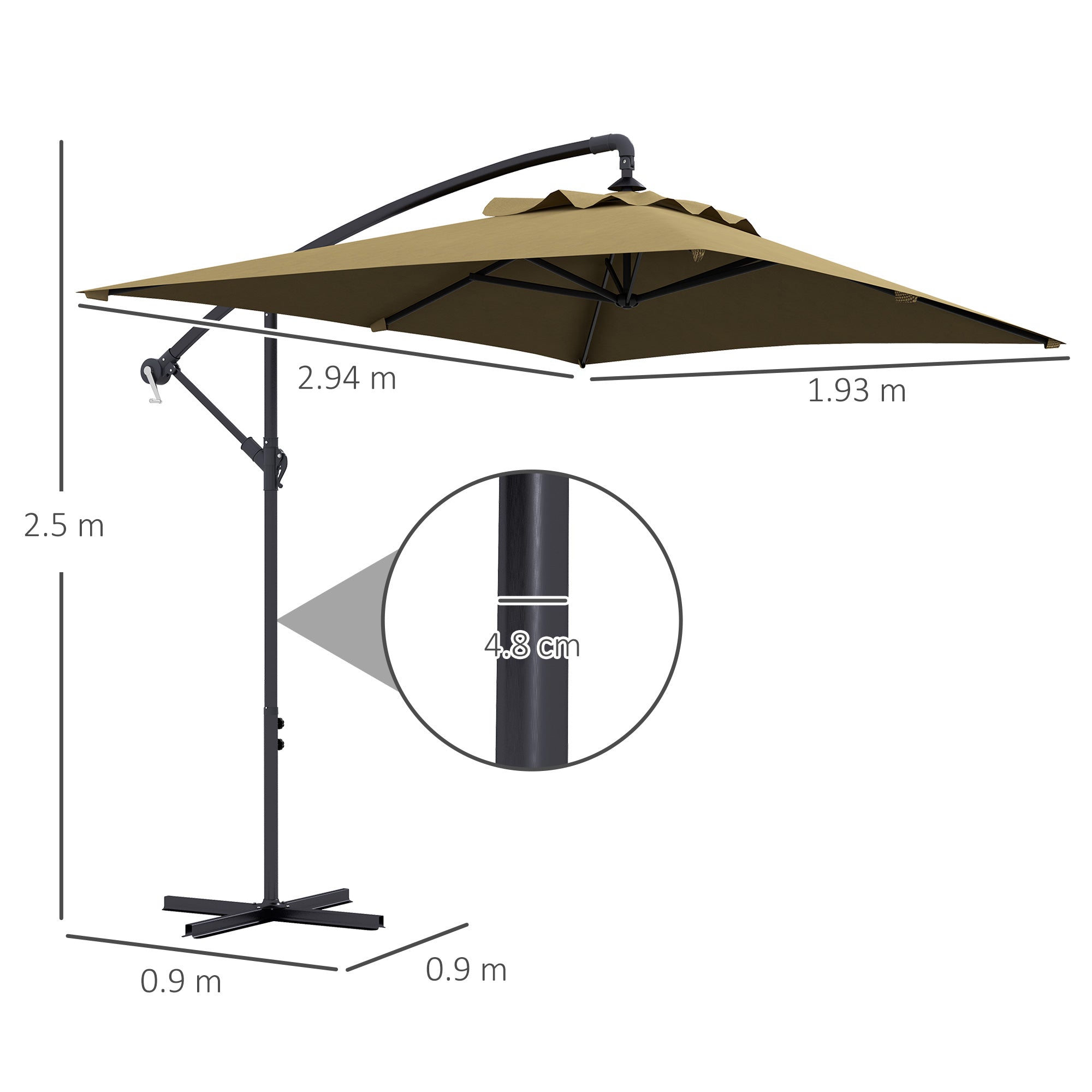 Decentralized Garden Umbrella with Cross Base and Crank Opening, 294x193cm, Brown