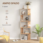 Wooden Bookcase Cabinet with 5 Shelves with Divider, 60x24x184.5 cm, Wood Color