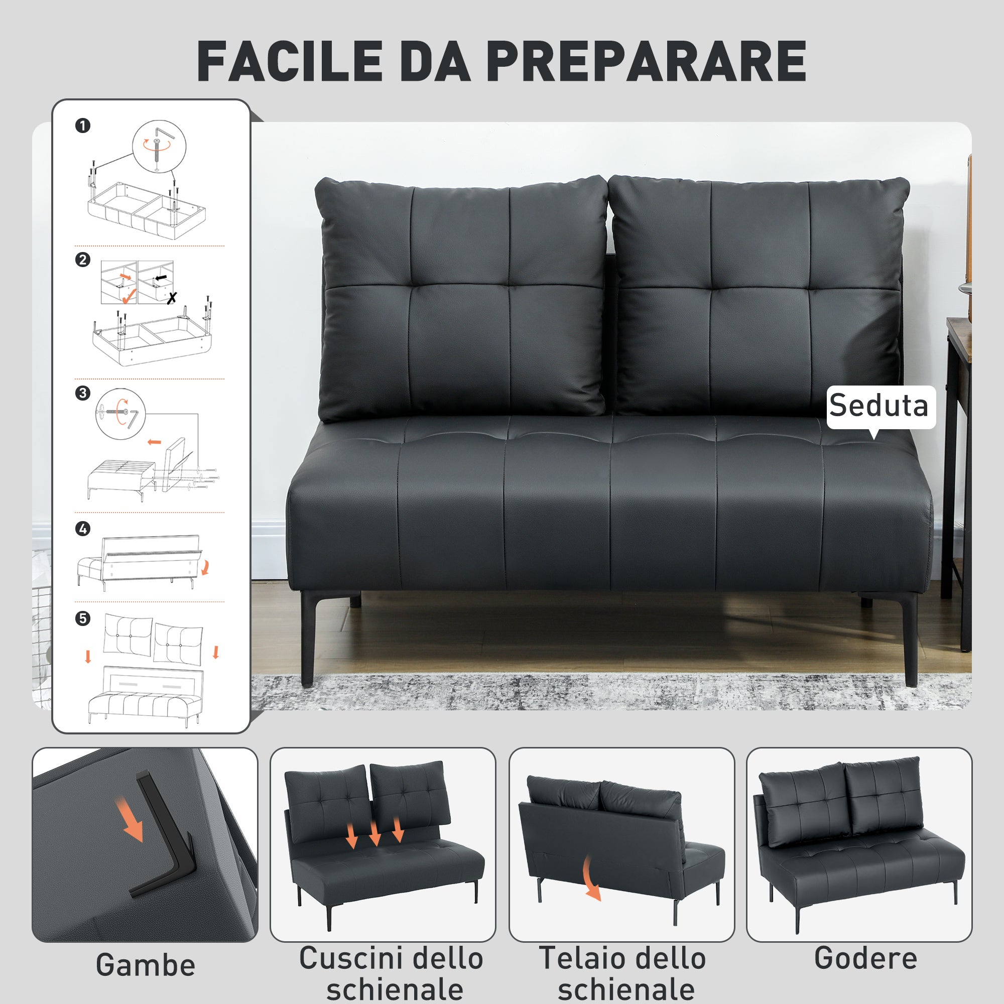 2-Seater Faux Leather Sofa with Armrests and Button Quilting, 115x73x83 cm, Black