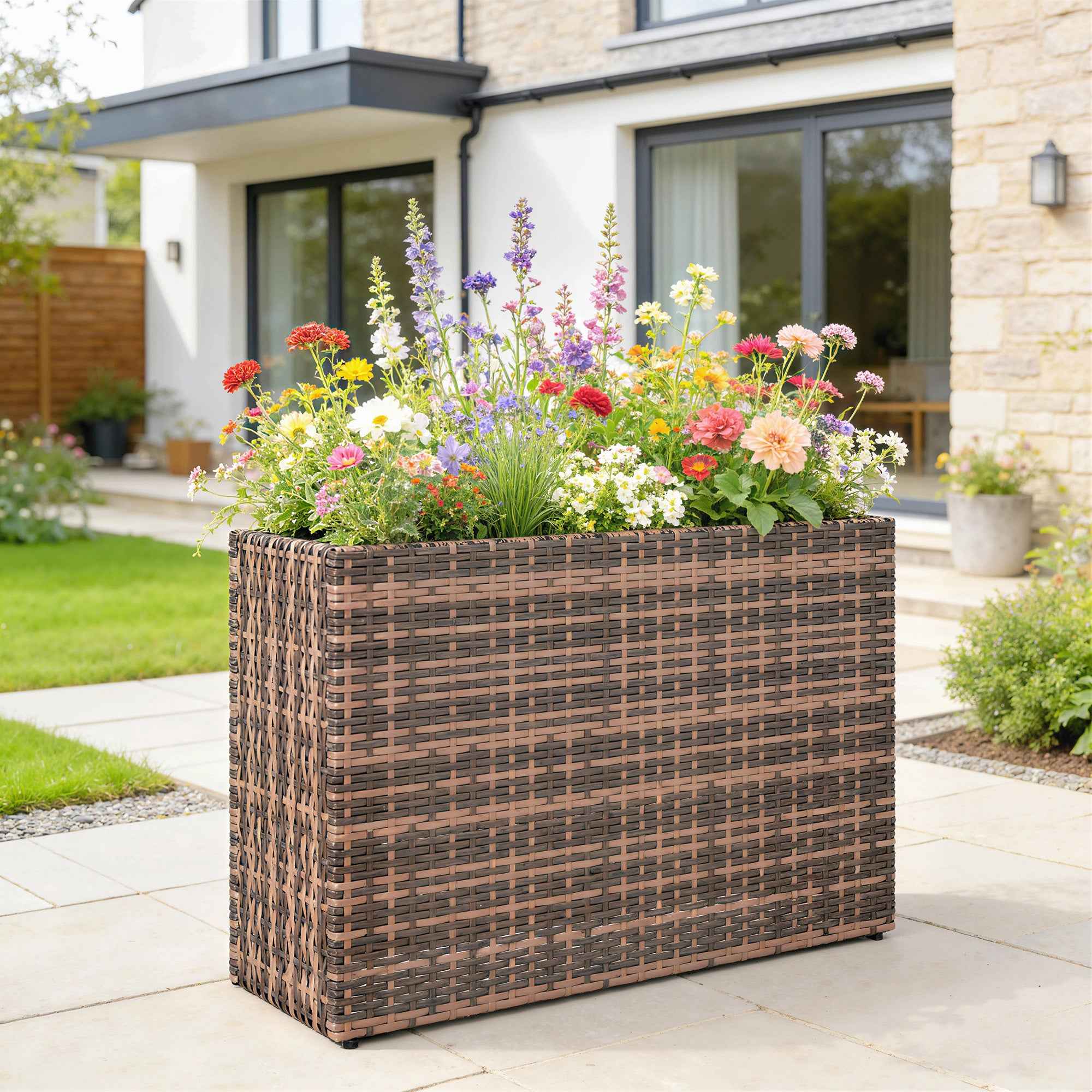 Outsunny 45L Outdoor Rattan Raised Garden Bed with Drainage Holes and Adjustable Feet, Brown