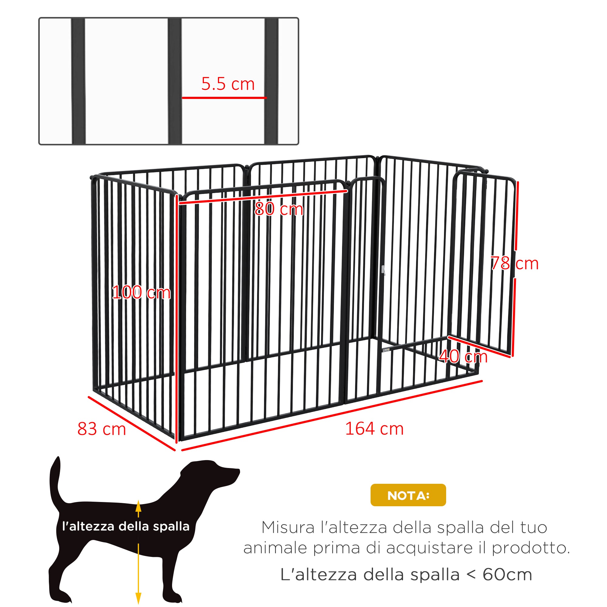 Pawhut Fence for large dogs with 6 steel modular panels, 164x83x100 cm, black - Borgè