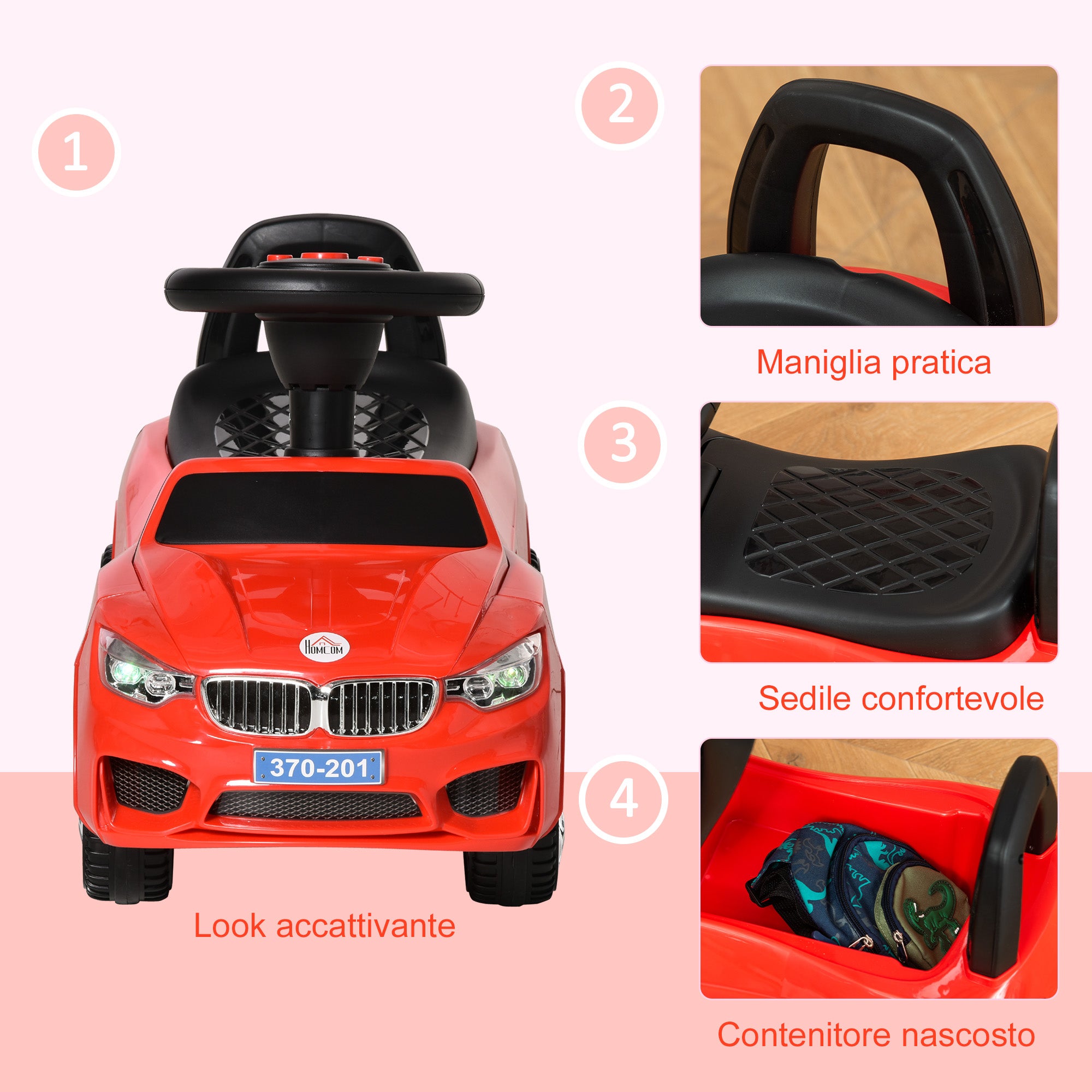 Kids Ride-On Toy Car with Steering Wheel, Headlights and Music, Age 18-36 Months, Red