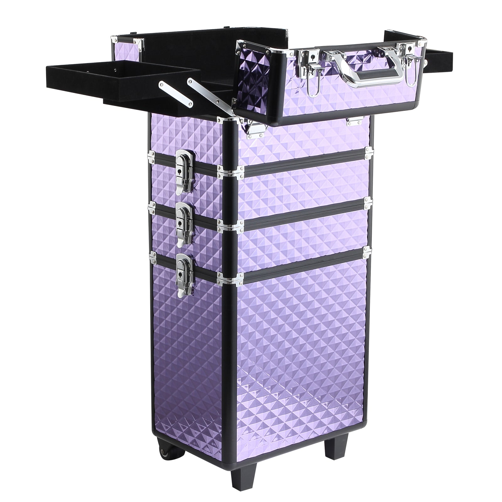Professional Makeup Case, Aluminum Travel Makeup Trolley, 2 Wheels, Purple 33.5x23x76/95.5cm