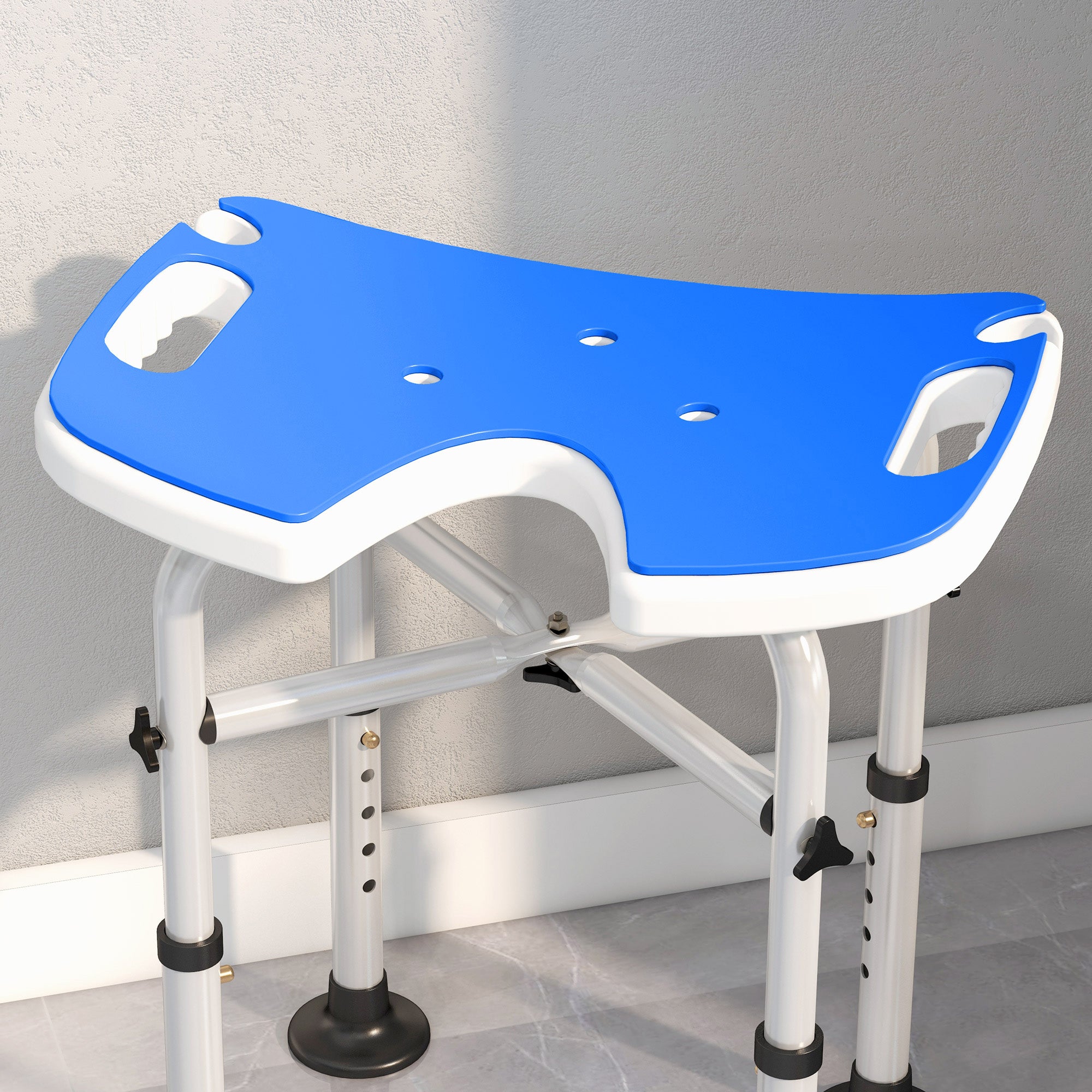 Height-Adjustable Shower Stool with Handle, U-Shaped Padded Seat and Non-Slip Feet, Blue
