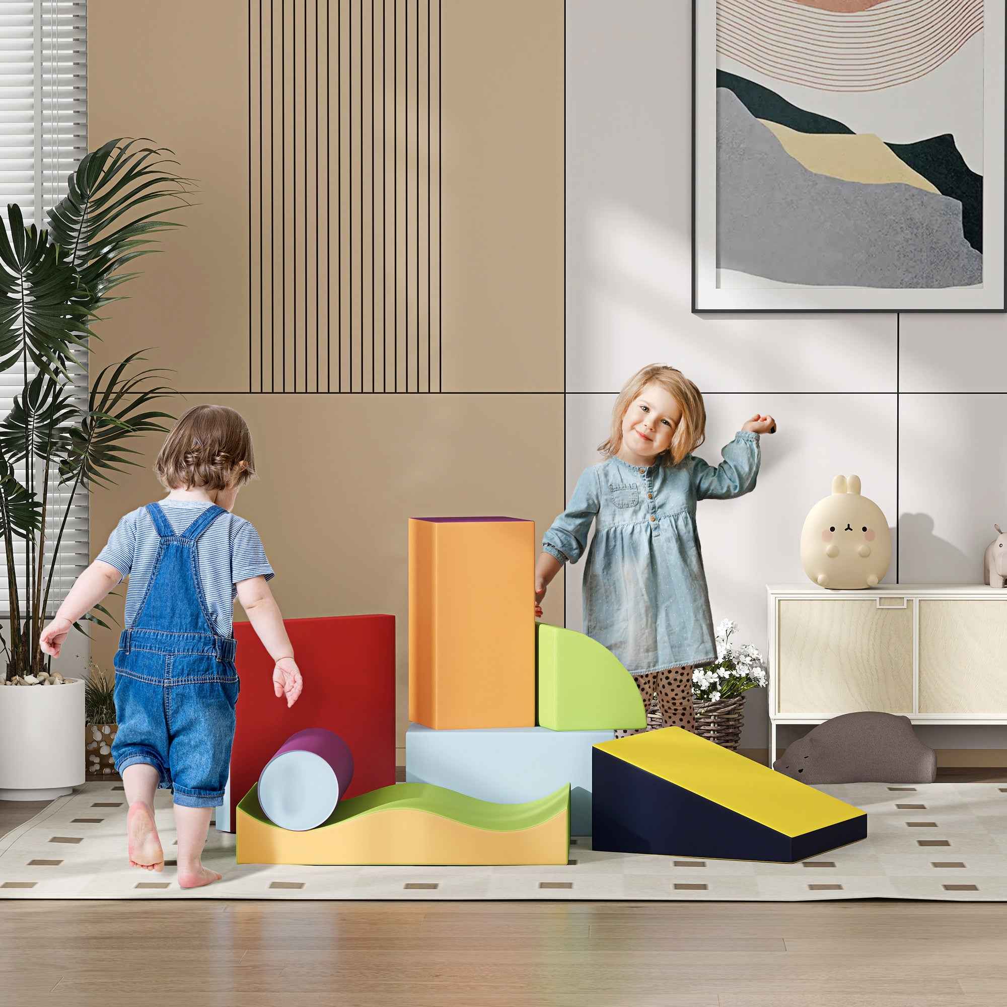 HOMCOM 7-Piece Soft Building Set for Kids Ages 1-3 Years, Foam and PU Leather, for Home and Nursery, Multicolor