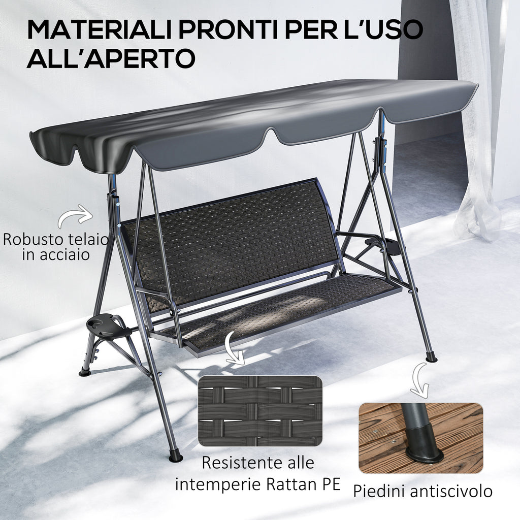 Outsunny 3-Seater Garden Swing in PE Rattan and Steel with Canopy and Cup Holder, 204x112x150 cm, Grey