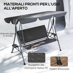 Outsunny 3-Seater Garden Swing in PE Rattan and Steel with Canopy and Cup Holder, 204x112x150 cm, Grey