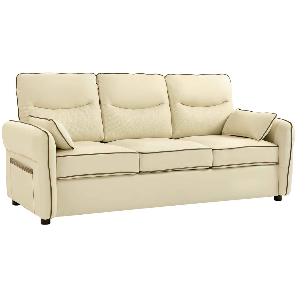 HOMCOM 3-Seater Faux Leather Sofa with Thick Padding, Side Pocket and 2 Cushions, 190x83x90 cm, Beige