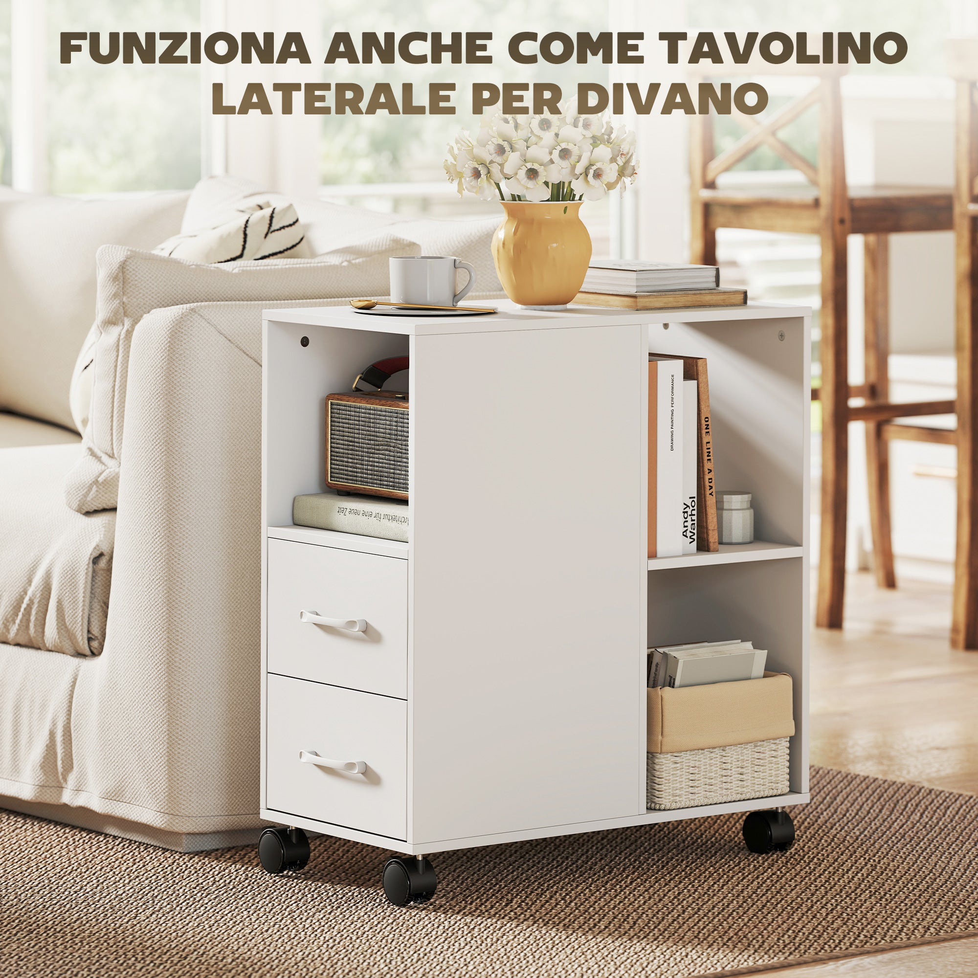 HOMCOM Minimalist Side Table with Wheels, 2 Drawers, Open Compartment and Adjustable Shelf, Wooden, 60x30x65 cm, White