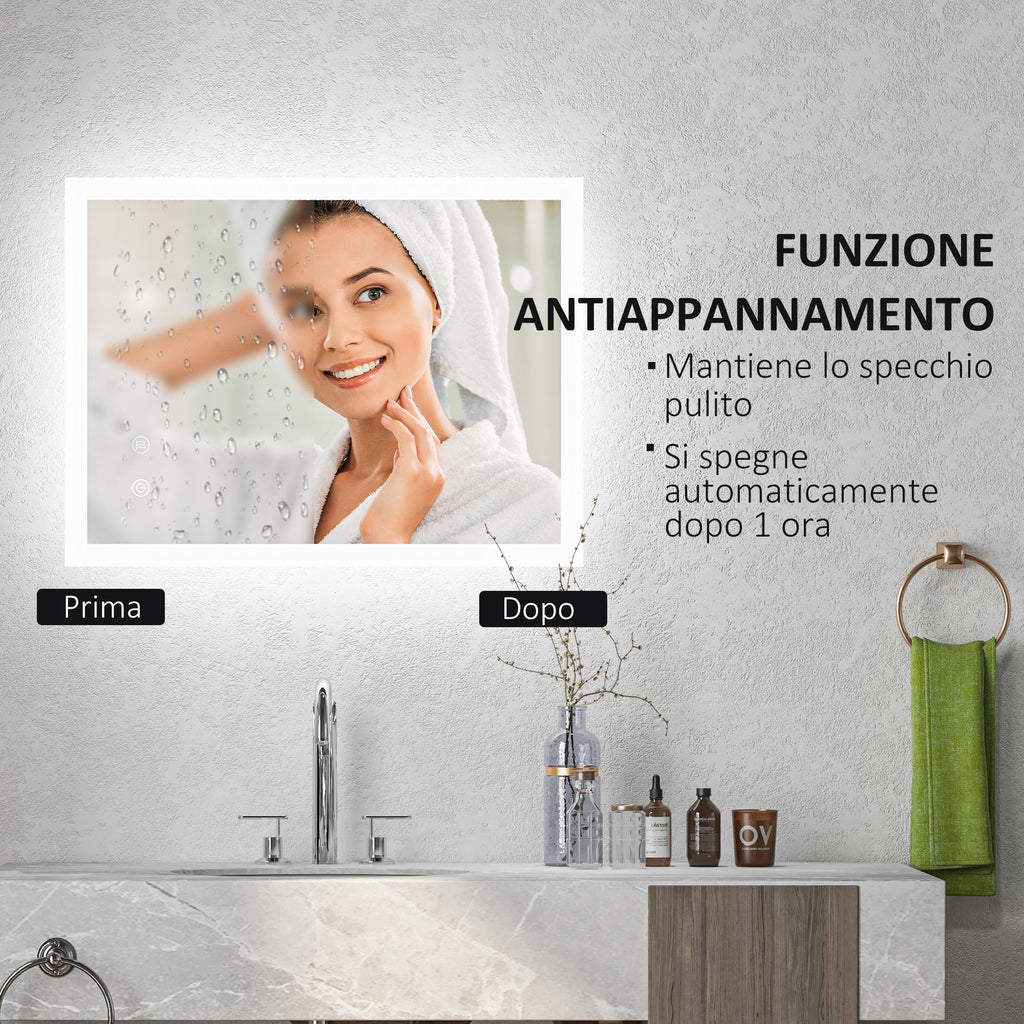 Bathroom Mirror with Adjustable LED Lights, Touch Control and Anti-Fog, 70x50 cm