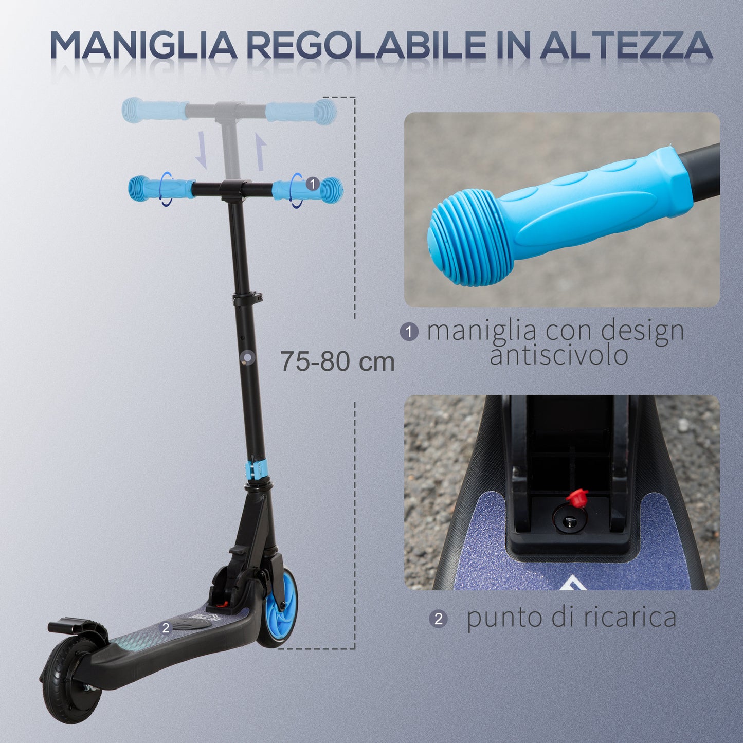 HOMCOM Folding Electric Scooter for Children 6+ Years with Adjustable Height, 71x36.5x75-80 cm, Black and Light Blue