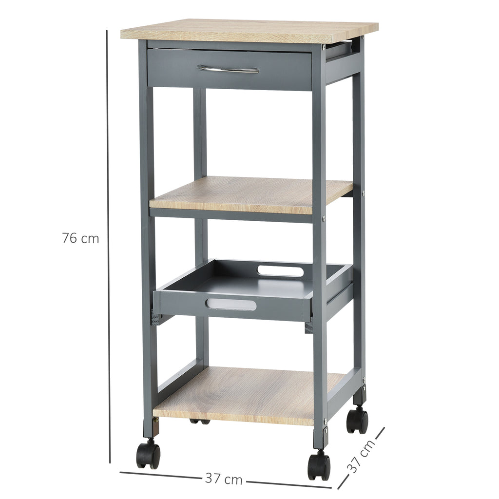 Kitchen Trolley Food Cart with Drawer, 2 Shelves and Pull-Out Tray, 37x37x76cm, Grey