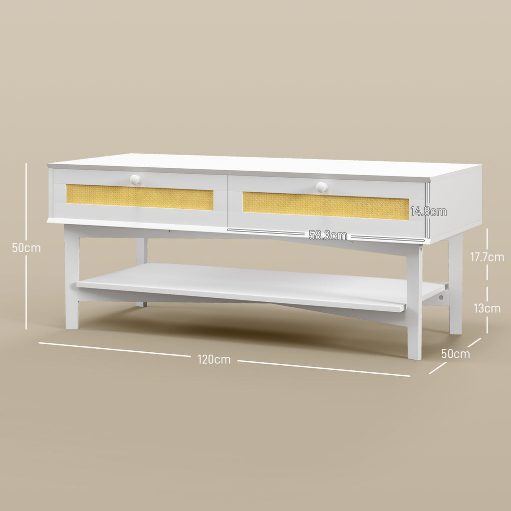 Boho Coffee Table with 2 Drawers and Shelf, Rattan and Chipboard, 120x50x50 cm, White and Wood Color - Borgè