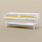 Boho Coffee Table with 2 Drawers and Shelf, Rattan and Chipboard, 120x50x50 cm, White and Wood Color - Borgè