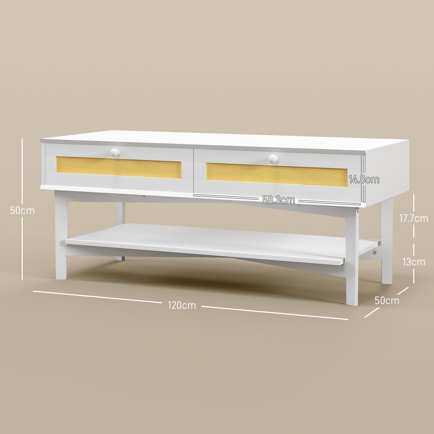 HOMCOM Boho Coffee Table with 2 Drawers and Shelf, in Rattan and Chipboard, 120x50x50 cm, White and Wood Color