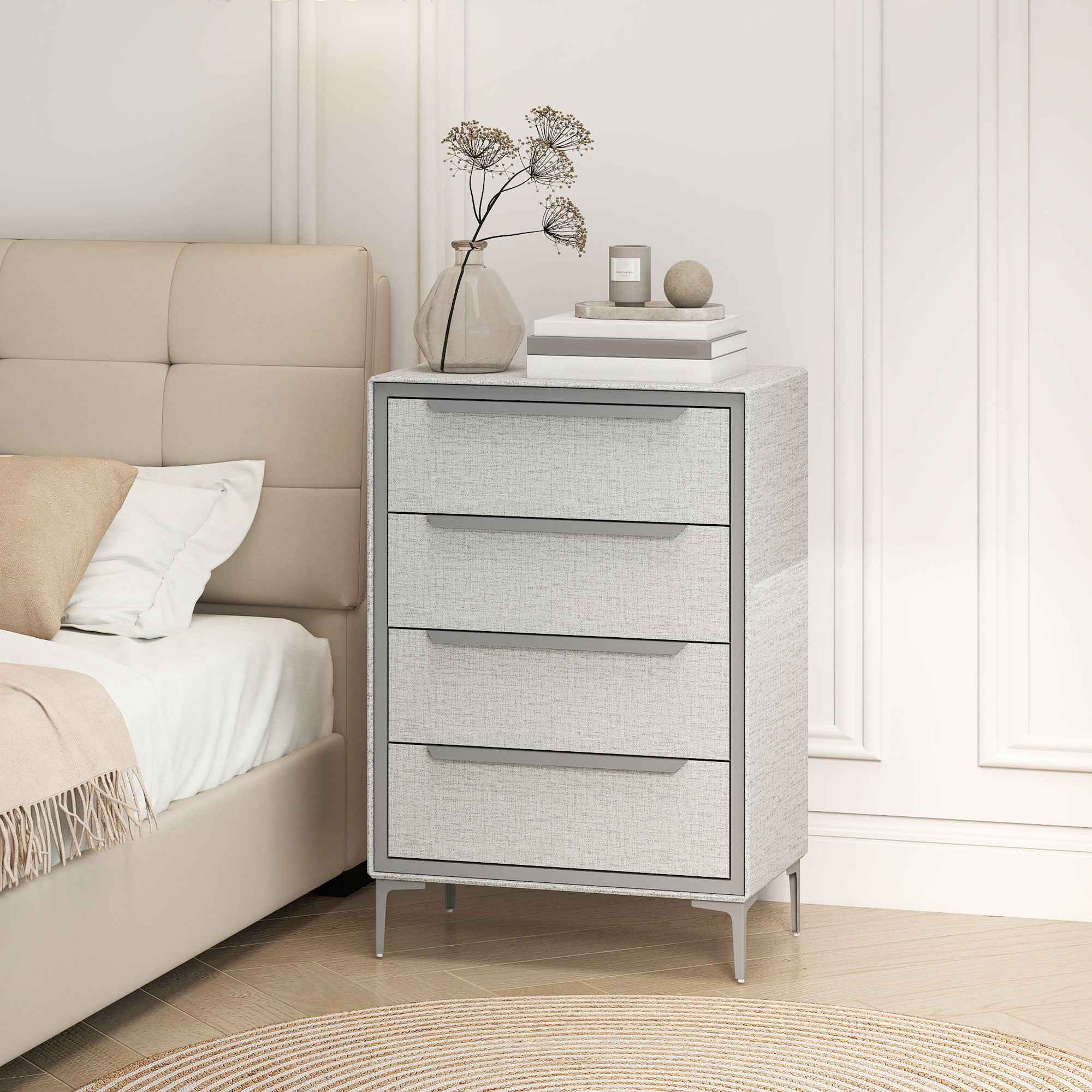 HOMCOM 4-Drawer Steel Chest of Drawers with Linen-Effect Fabric Covering, 60x36x88 cm, Grey