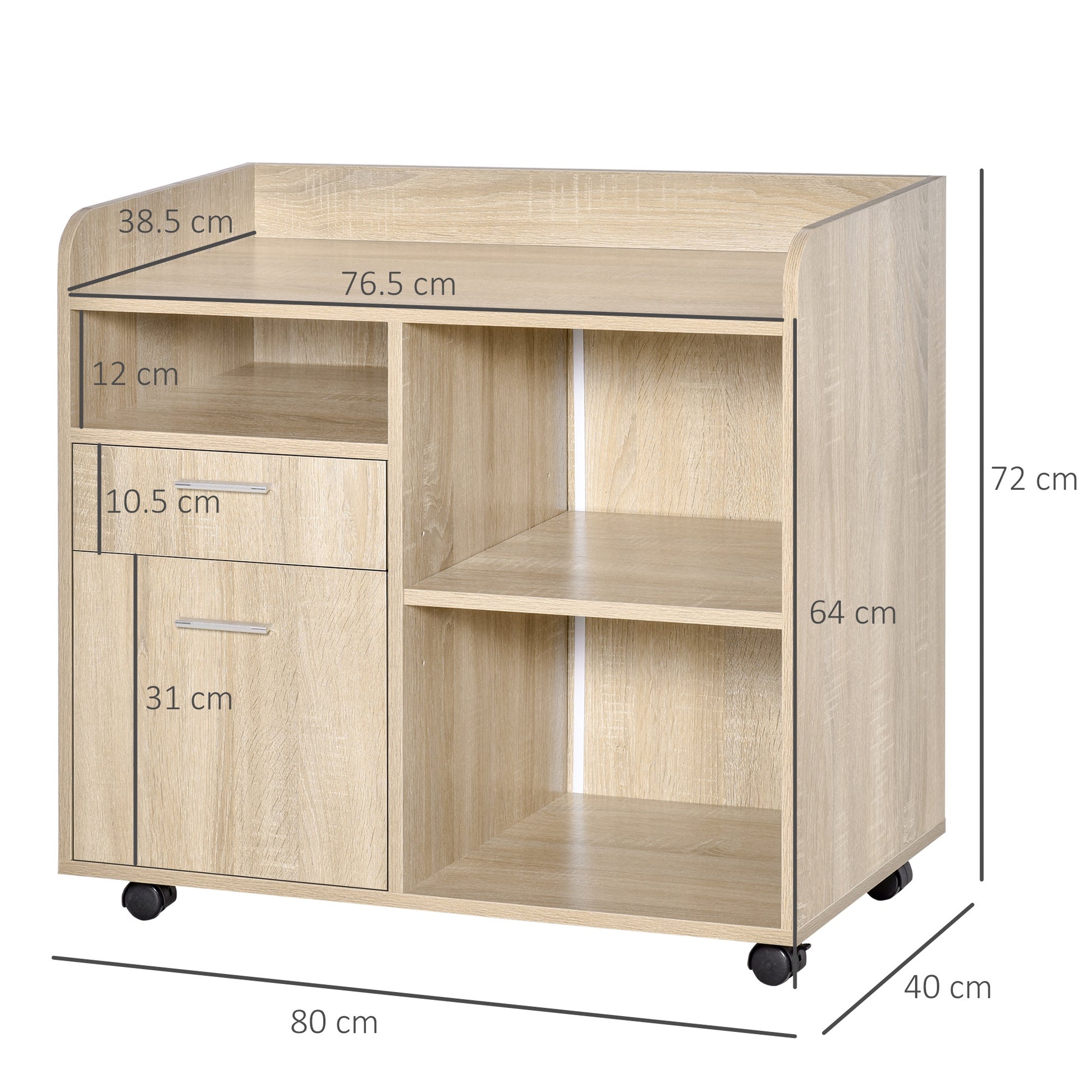 Multi-Use Printer Stand, Office Cabinet, Low Cabinet, Multipurpose Cabinet with 4 Wheels, Oak, 80x40x72cm - Borgè