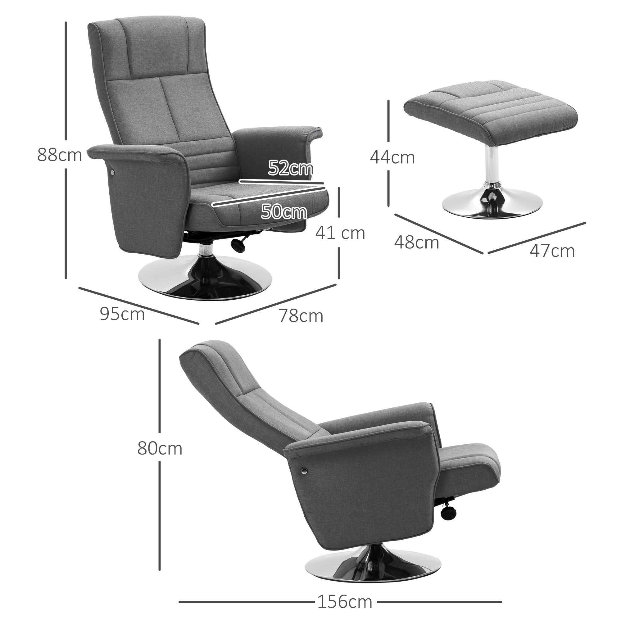 Massage Reclining Chair with Footrest, Linen Effect Fabric, 78x90x93 cm, Dark Grey