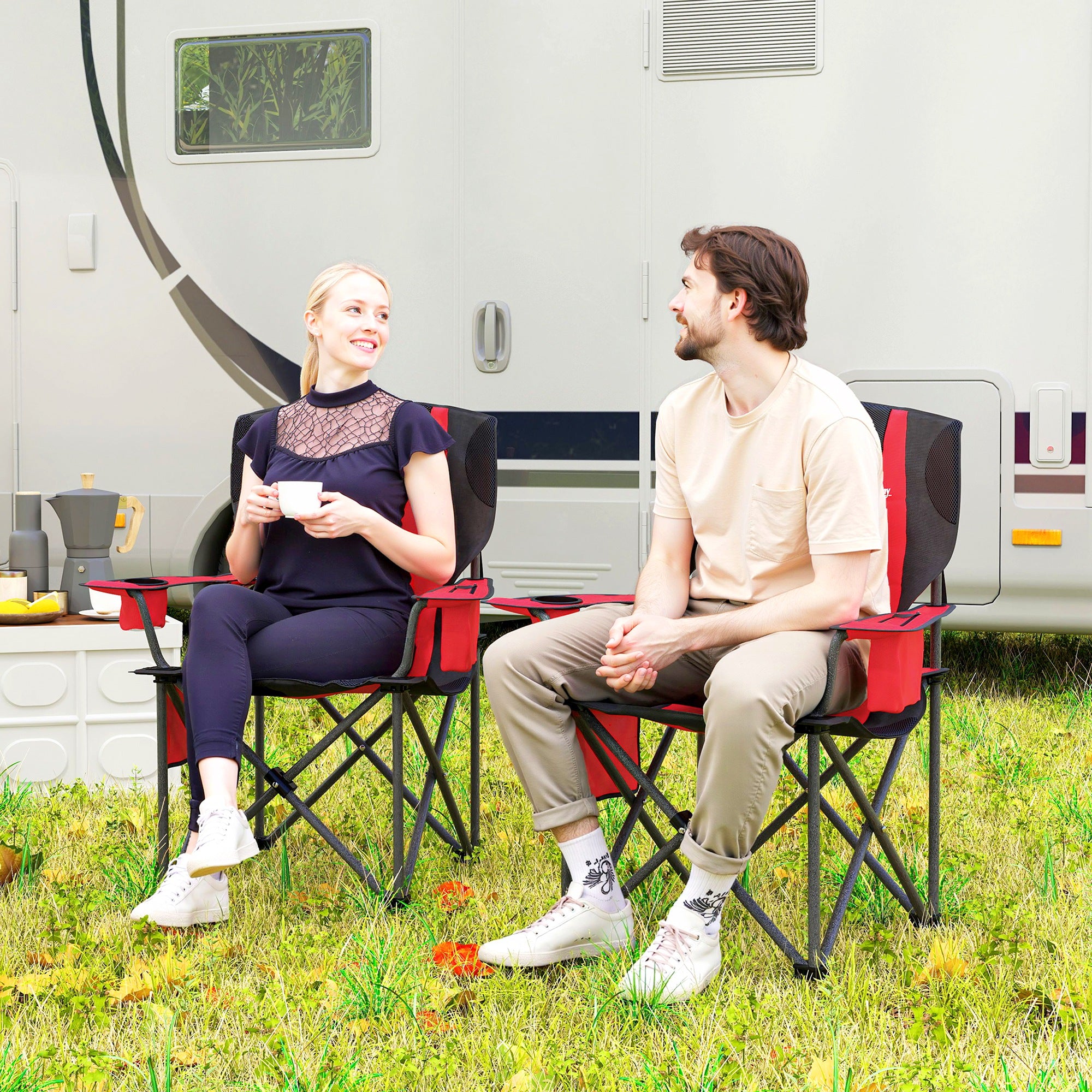 Set of 2 Folding Camping Chairs with Cooler Bag, Cup Holder and 2 Pockets, 94x62x100 cm, Red