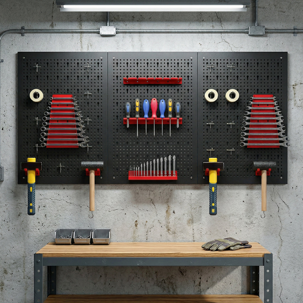 HOMCOM Set of 3 Steel Wall Mounted Tool Racks with 9 Brackets and 16 Hooks, Black and Red