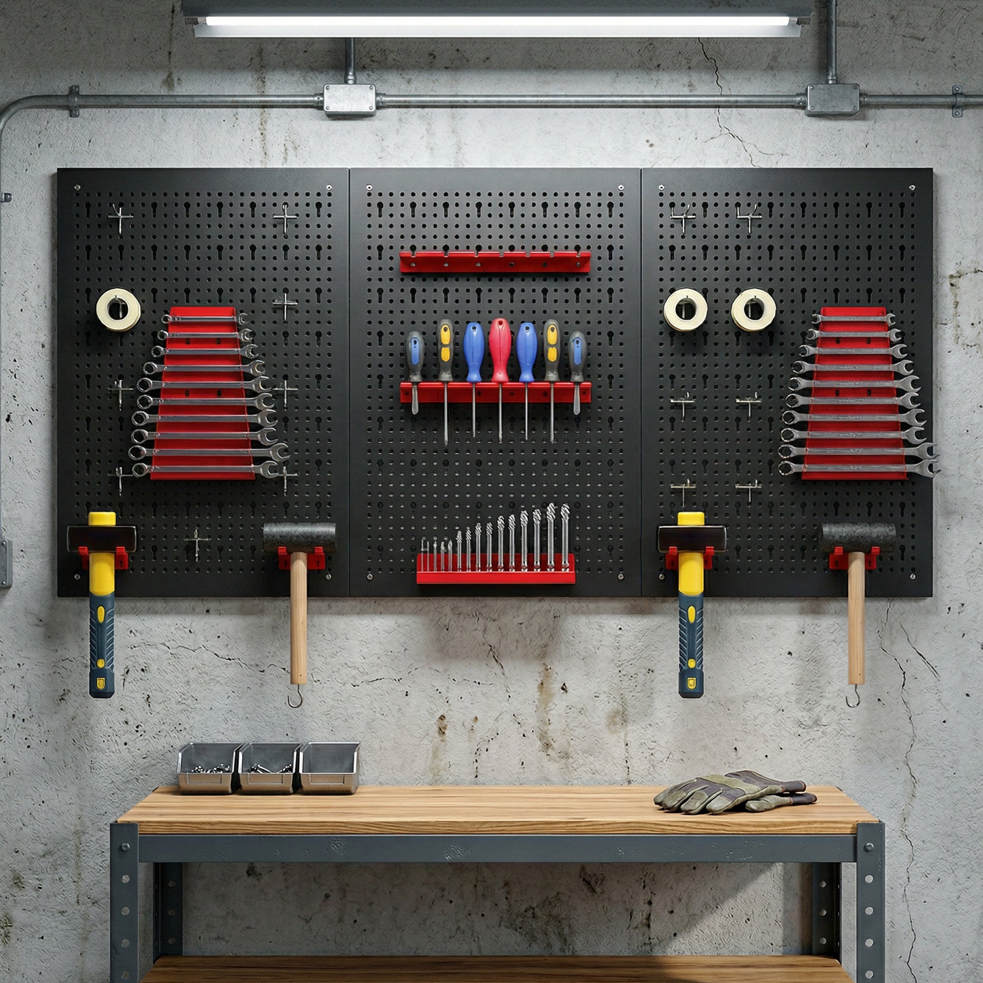 HOMCOM Set of 3 Steel Wall Mounted Tool Racks with 9 Brackets and 16 Hooks, Black and Red