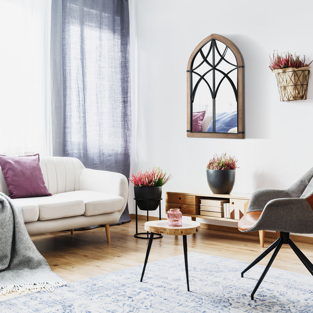 HOMCOM Arched Wall Mirror with Modern Details and Hooks, Wood and Glass, 60x93 cm, Brown and Black