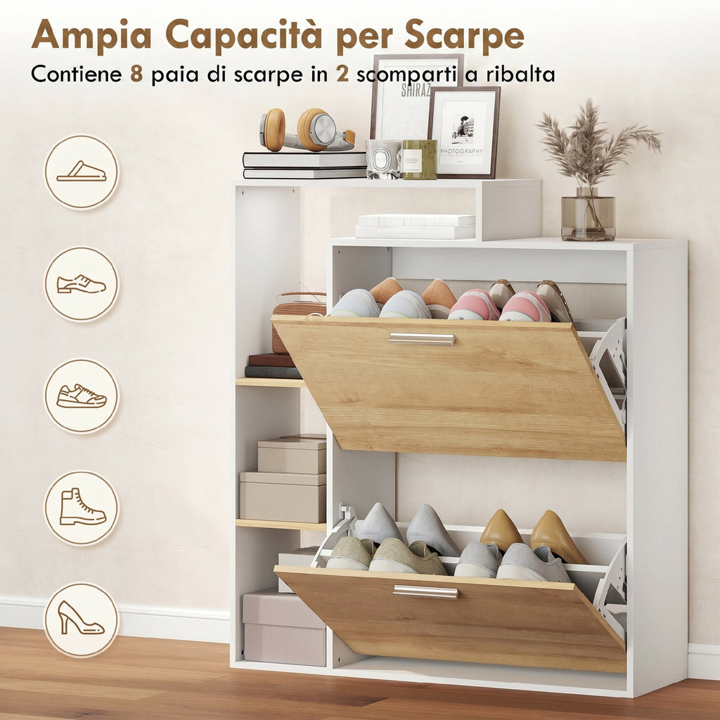 HOMCOM Shoe Cabinet with 2 Hinged Drawers and Shelves, White and Natural Wood.