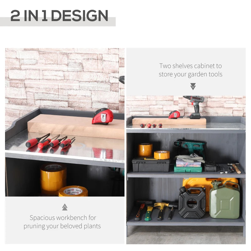 Grey Outdoor Wooden Cabinet Storage with Metal Top and 2 Tool Holders tools | 98x48x95.5 cm - Borgè