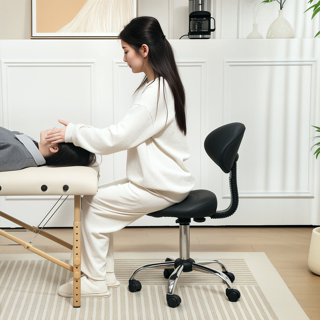 Beautician Stool with Wheels and Backrest, Adjustable Height and Swivel Seat in Faux Leather, Black
